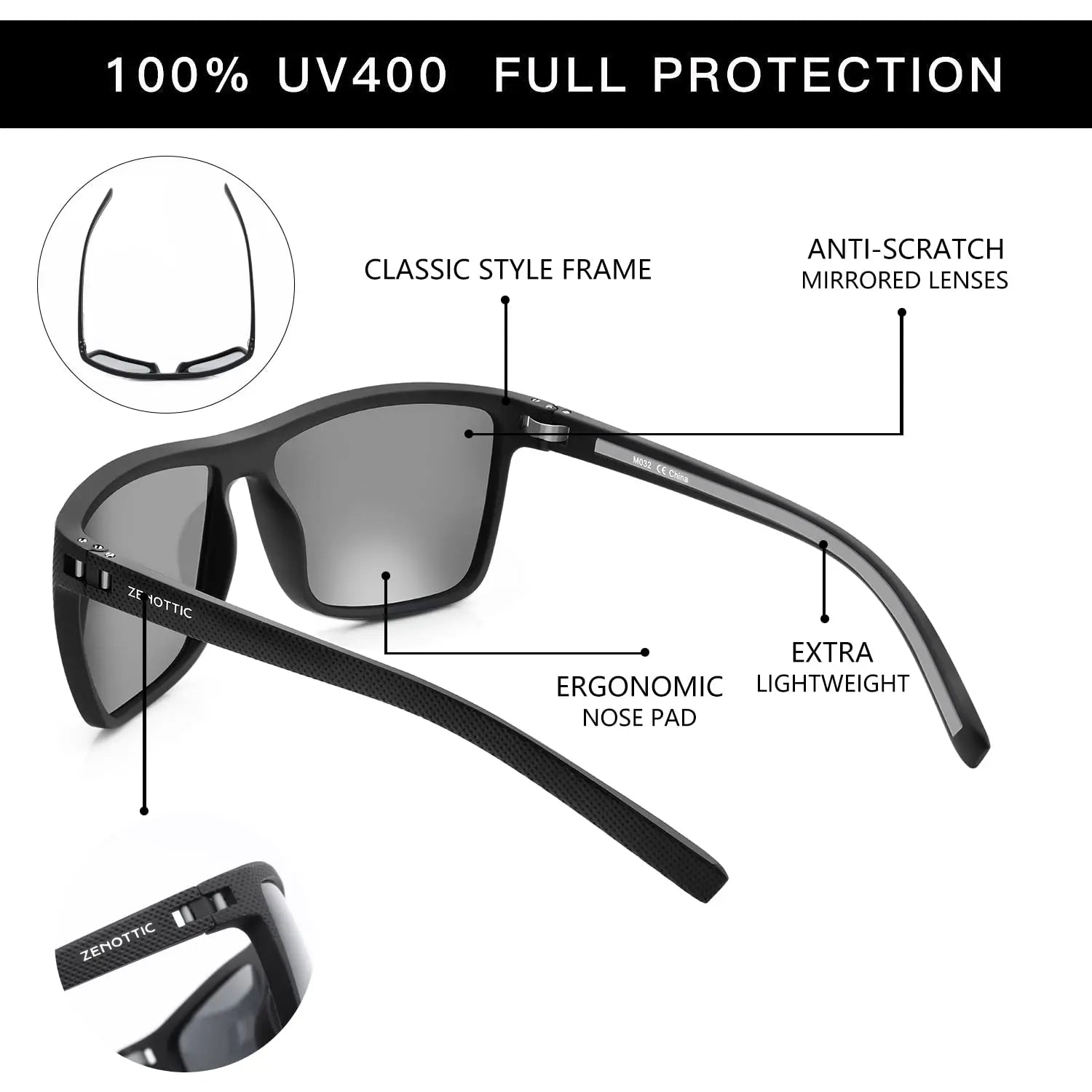 ZENOTTIC Polarized Sunglasses for Men Shades Lightweight TR90 Frame UV400 Protection Square Outdoor Travel Driving Sun Glasses