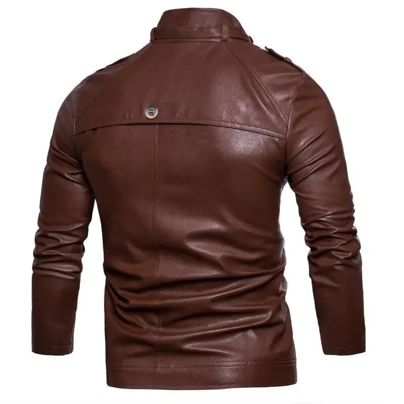 Autumn New Men's Casual Fashion Standing Neck Slim Fit PU Leather Jacket Solid Leather Jacket Men's Windproof Motorcycle