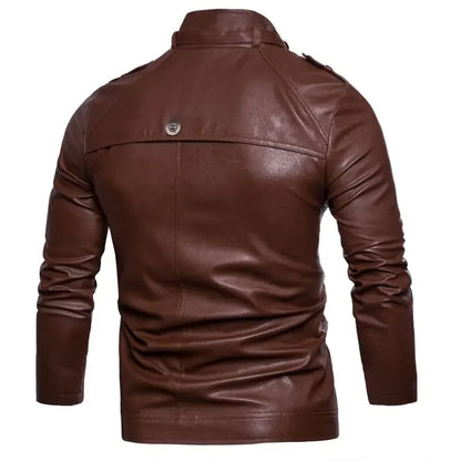 Autumn New Men's Casual Fashion Standing Neck Slim Fit PU Leather Jacket Solid Leather Jacket Men's Windproof Motorcycle
