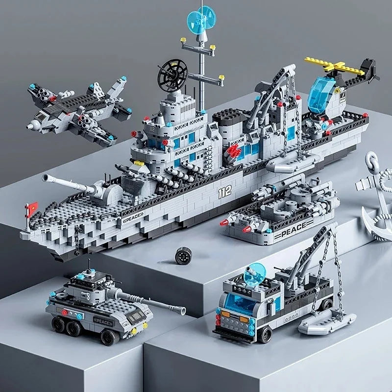 1560pcs 6 IN 1 Military Navy Ship Sets Building Blocks War Army Boat Plane Model Toys for Boys Bricks Toys Christmas Gifts