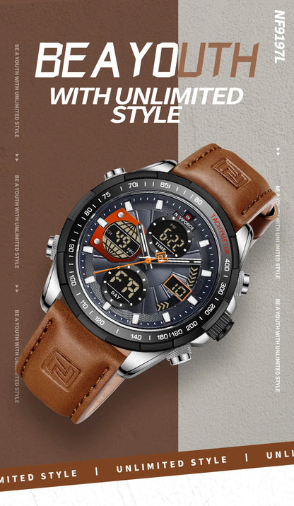 NAVIFORCE 2021 - Reloj deportivo para hombre, resistente al agua, con pantalla dual, luminoso, de cuarzo y cuero genuino, masculino