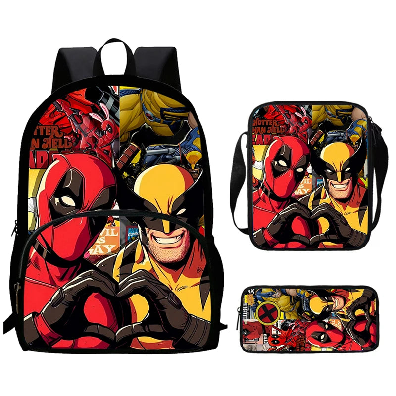Mochilas para niños de 3 piezas con dibujos animados de DEADPOOL y WOLVERINE, mochila para estudiantes, bolso de hombro, estuche para lápices, regalo perfecto para niños y niñas.