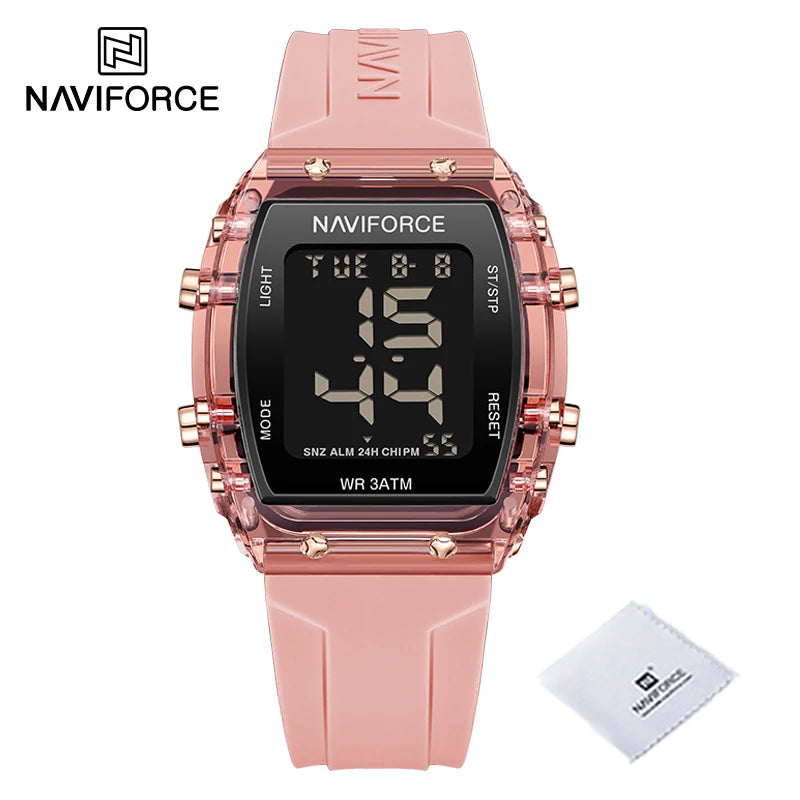 Relojes NAVIFORCE para mujer, con movimiento digital LCD, reloj de moda para mujer, resistente al agua hasta 50 m, correa de silicona, relojes de pulsera deportivos electrónicos.