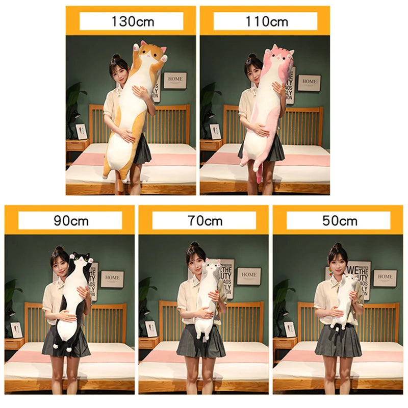 Peluche de gato largo, suave y divertido, de 50/70/90/110/130 cm, ideal para la oficina, la siesta, la cama, el sueño y la decoración del hogar, ideal como regalo para niñas y niños.