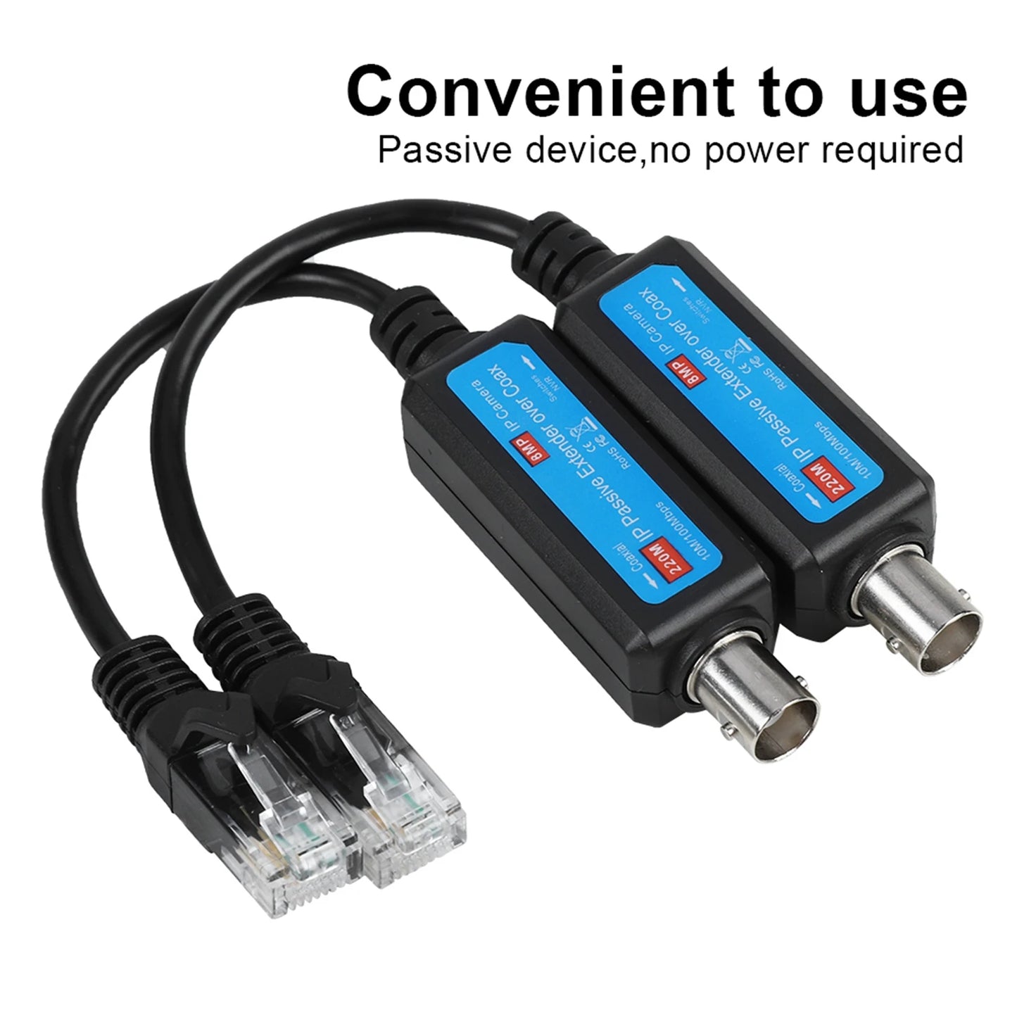 1 par de extensores de transmisor y receptor coaxial de red IP pasiva de 1 canal y 10/100 Mbps para cámaras NVR IP.