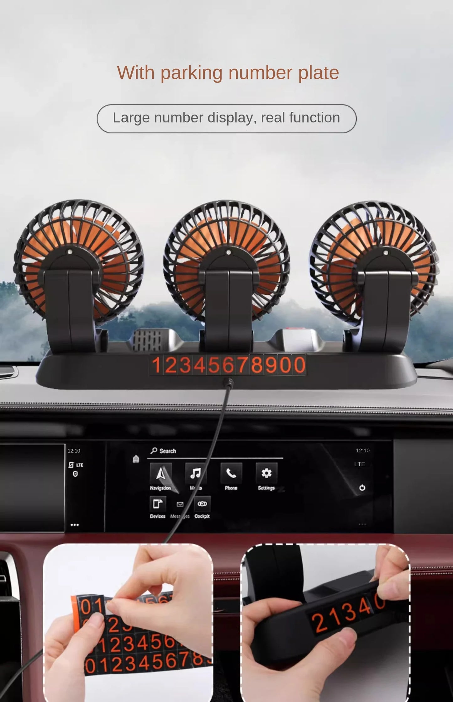 Ventilador de coche ajustable de 360°, 3 cabezales, ventilador eléctrico automotriz, USB/12 V/24 V, 2 velocidades, silencioso, para casa, escritorio, oficina y coche.