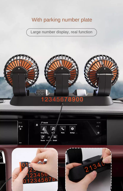 Ventilador de coche ajustable de 360°, 3 cabezales, ventilador eléctrico automotriz, USB/12 V/24 V, 2 velocidades, silencioso, para casa, escritorio, oficina y coche.
