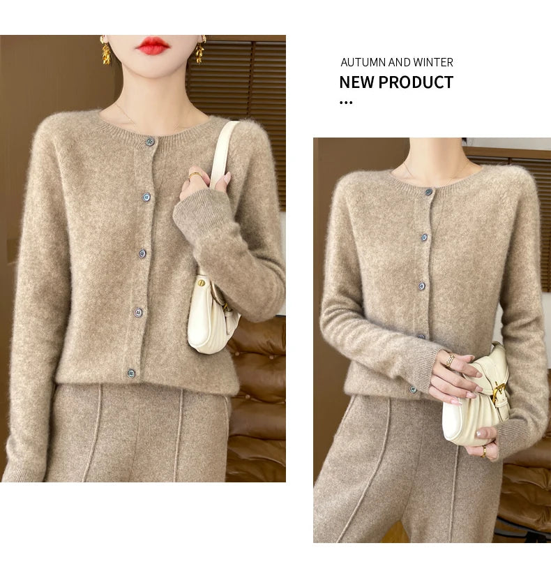 100% Merino Wool Long Sleeve Sweaters Cashmere Cardigan Spring Autumn Women O-Neck Knitwear Tops Clothing Fashion Basic Tops