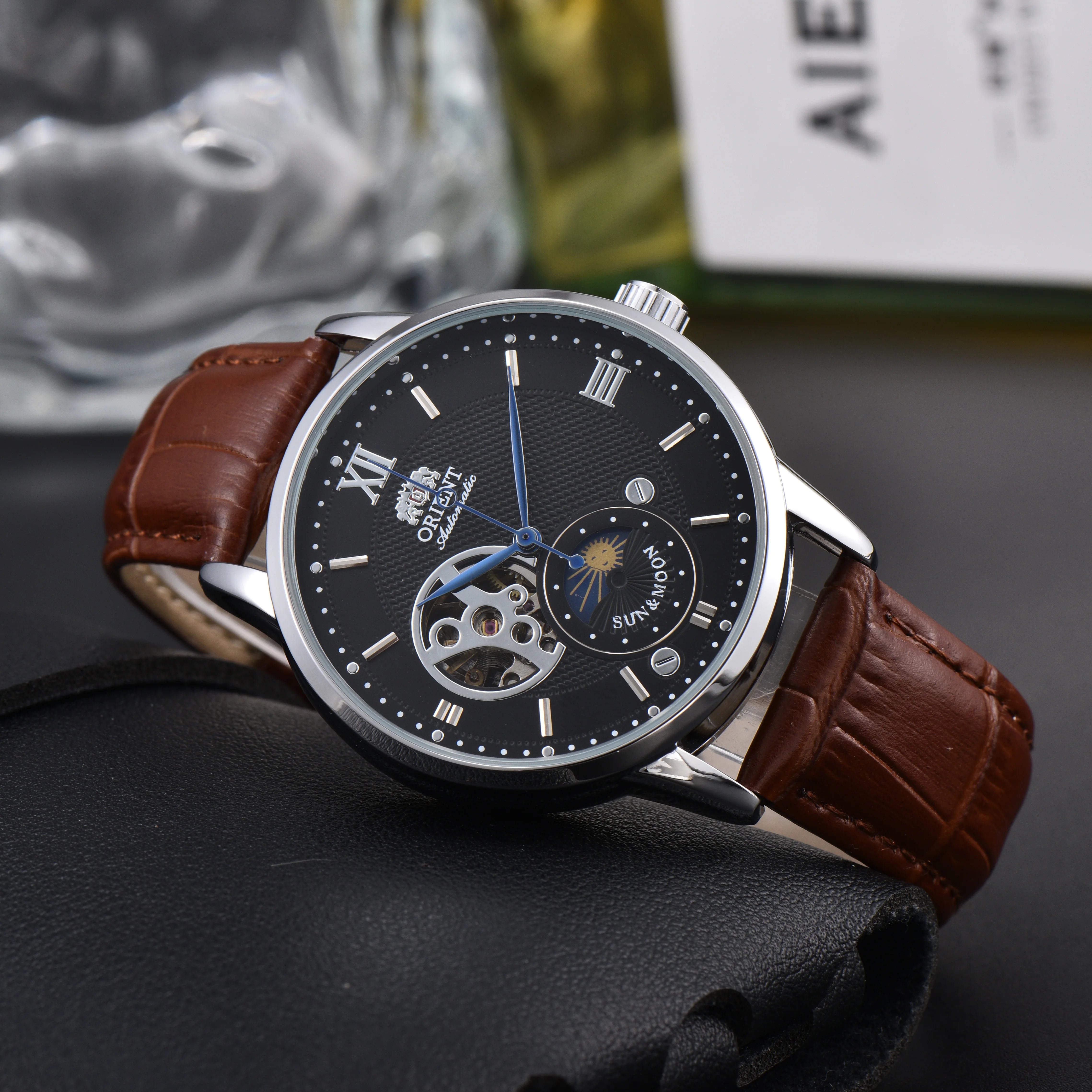 Orient Sun & Moon Semi Skeleton Automatic Watch Men's White Dial Black Leather Strap Sapphire Crystal 50M Water-Resistant Dress Watch
