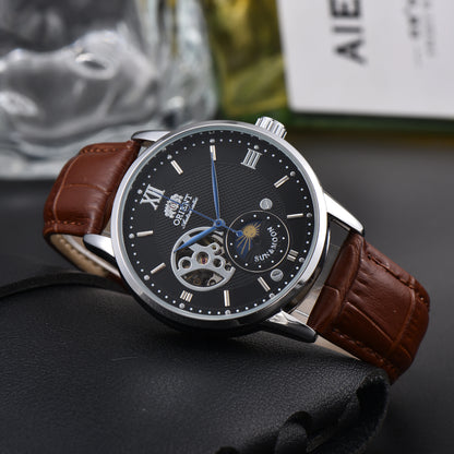 Orient Sun & Moon Semi Skeleton Automatic Watch Men's White Dial Black Leather Strap Sapphire Crystal 50M Waterproof Dress Watch