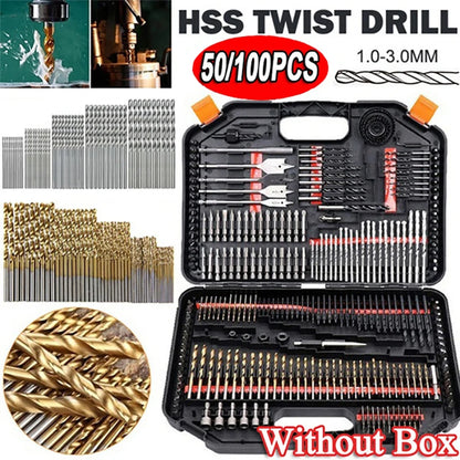 Juego de brocas helicoidales HSS con revestimiento de titanio (50/100 unidades), brocas de acero de alta velocidad para metal, hierro fundido y madera, herramientas eléctricas de alta calidad.
