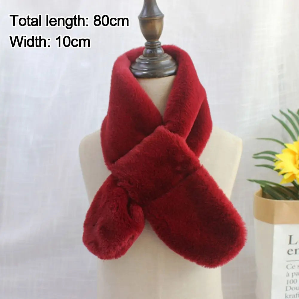 Children Boys Girls Winter Warm Thicken Cross Collar Scarf Solid Color Faux Rabbit Fur Plush Cute Shawl Scarfs