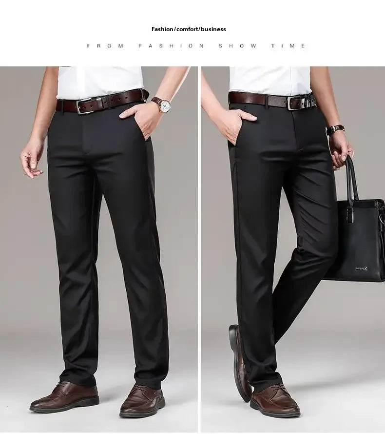 Pantalones casuales de seda helada para hombre, de negocios, formales, de verano, finos, rectos y holgados, para hombres de mediana edad.