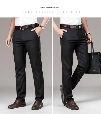 Pantalones casuales de seda helada para hombre, de negocios, formales, de verano, finos, rectos y holgados, para hombres de mediana edad.