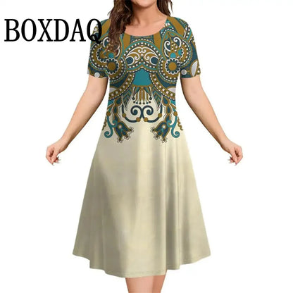 Fashion Elegant Women’S Dresses Loose A-Line Dress Women Short Sleeve Dress Flowers Print Casual Ladies Plus Size Clothing 9XL