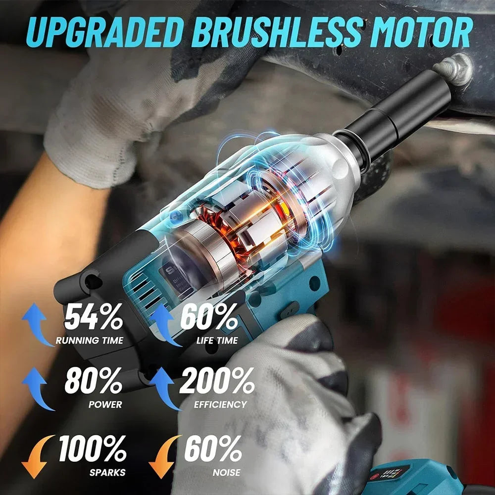 Cordless Impact Wrench 900N.m Power Impact Gun 1/2'' 3300RPM Brushless Electric Impact Driver for Home Car Truck Mower
