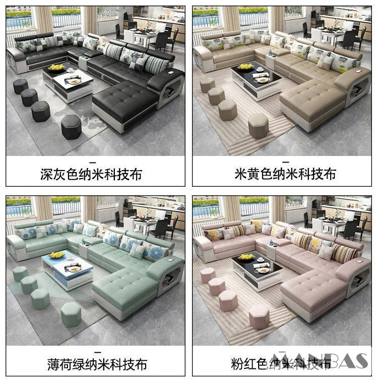Linlamim Fabric Sofa Set Furniture Living Room Sofa Set with USB and Stools / Big U Shape Cloth Couch Sofas for Home Furniture