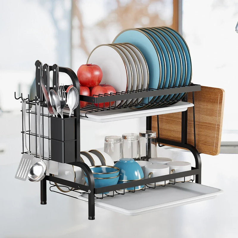 2-Tier Dish Drying Rack Adjustable Kitchen Plates Organizer with Drainboard Over Sink Countertop Cutlery Storage Holder