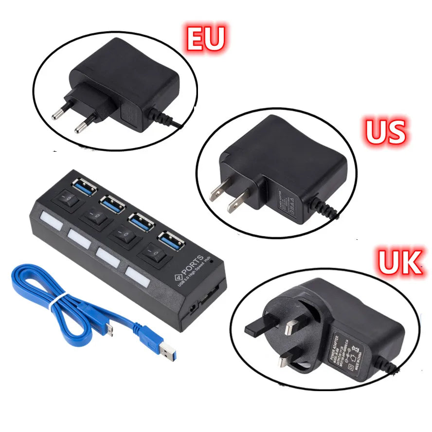 GRWIBEOU High Speed ​​USB HUB 3.0 5Gbps USB 3.0 4 Ports HUB Newest Compact Lightweight Portable Adapter Hub with Power Supply