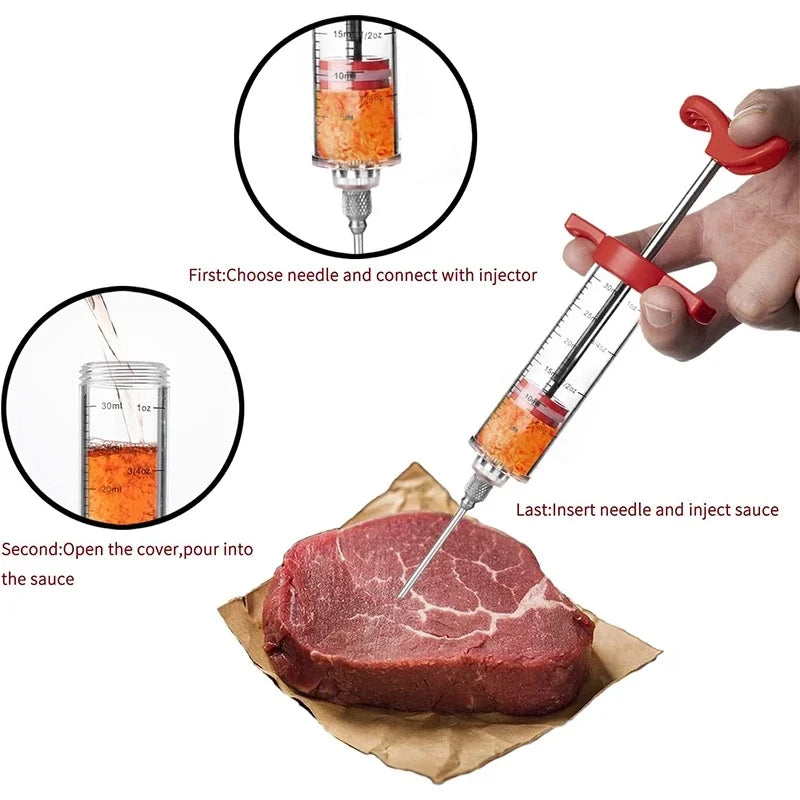 Jeringa inyectora de carne con 3 agujas para adobo, kit inyector de pavo para parrilla de barbacoa, inyector de sabor a adobo