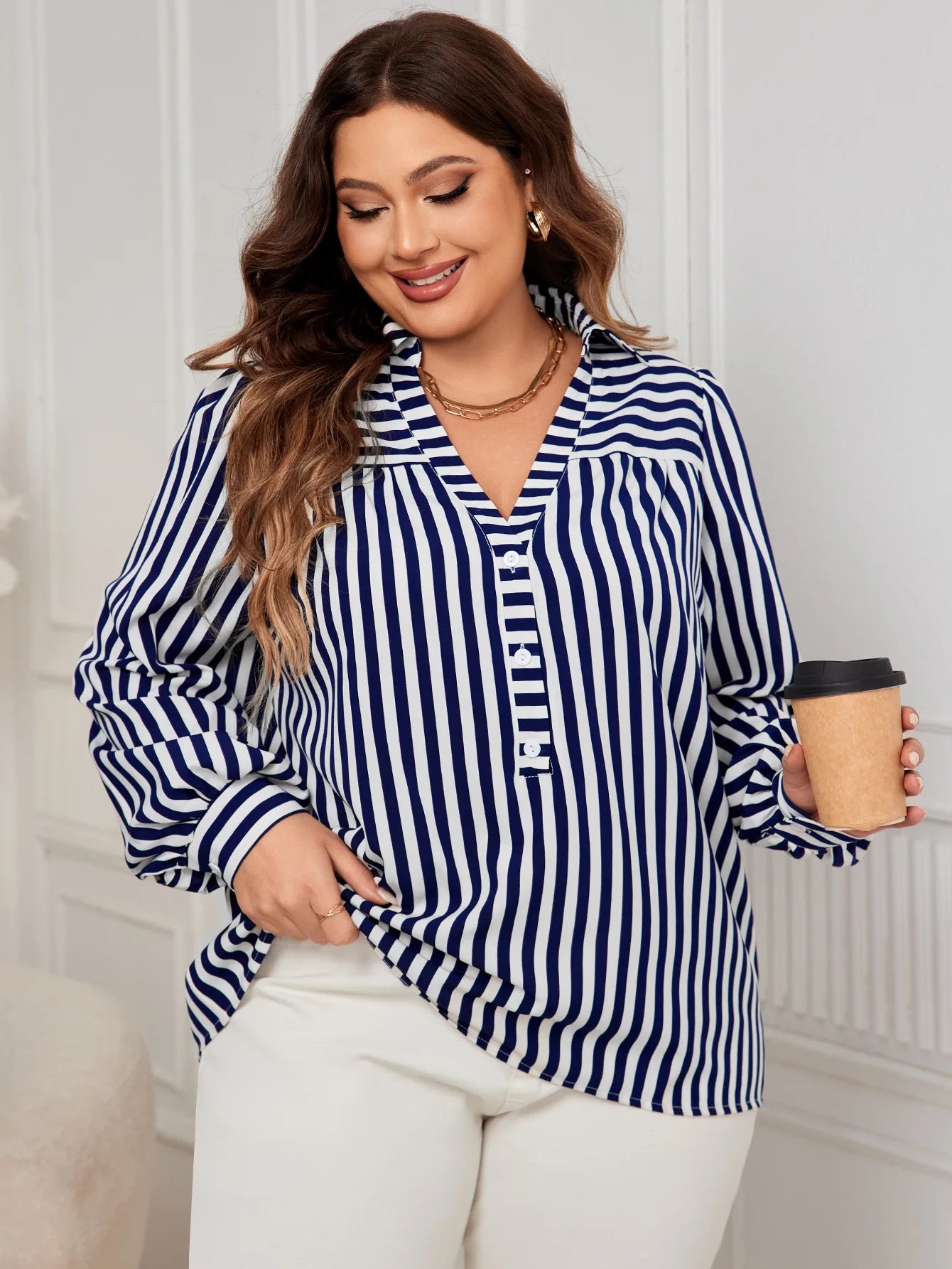 Fairyshely Spring Woman Stripe Print Plus Size Shirt Lady Long Sleeve Large T-shirt Autumn Elegant Loose Curvy Pullover Tops