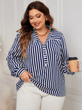 Fairyshely Spring Woman Stripe Print Plus Size Shirt Lady Long Sleeve Large T-shirt Autumn Elegant Loose Curvy Pullover Tops
