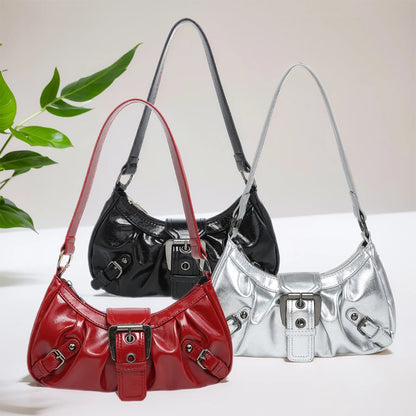 Women's Pleated Hobo Red Shoulder Bag Vintage Leather Spicy Girl Y2K Armpit Bag Rivet Belt Trendy Saddle Bag Travel Commuter Bag