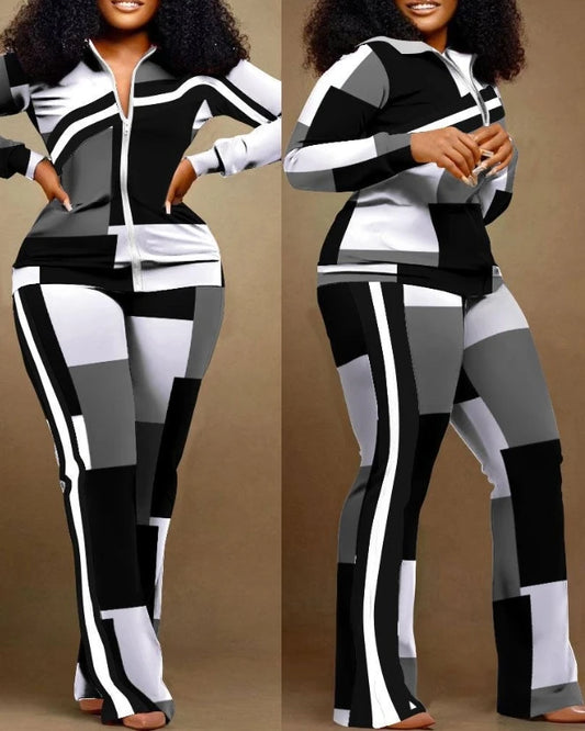 Two Piece Set Women Outfit 2023 Autumn Fashion Geometric Print Stand Collar Long Sleeve Zip Up Top & Casual Sporty Pants Set