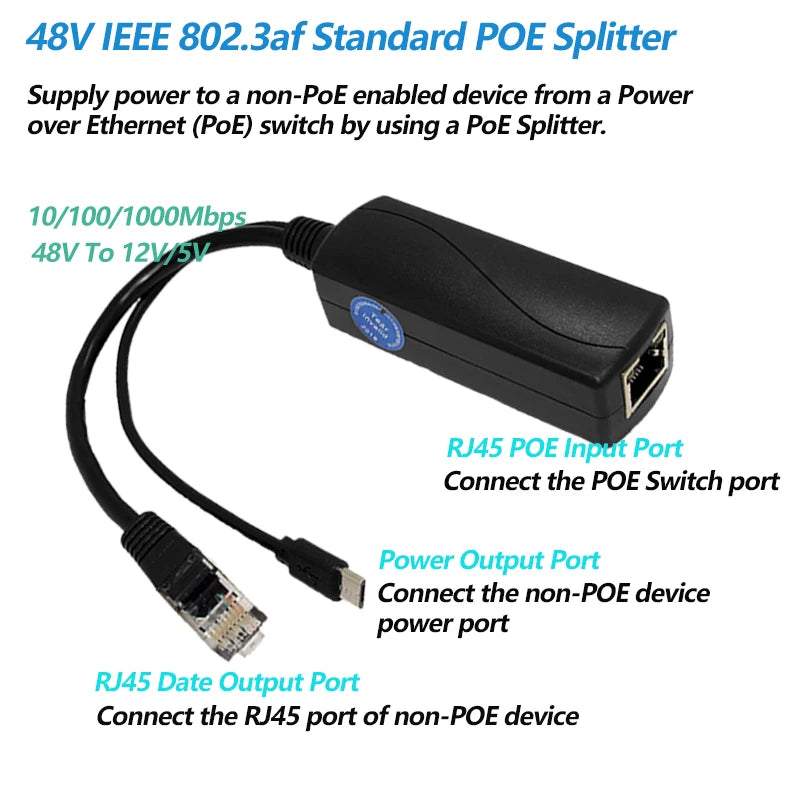 Revotech Gigabit PoE Splitter Micro USB/Type-C/DC IEEE 802.3af 10/100/1000Mbps Power over Ethernet for IP Camera / Raspberry PI