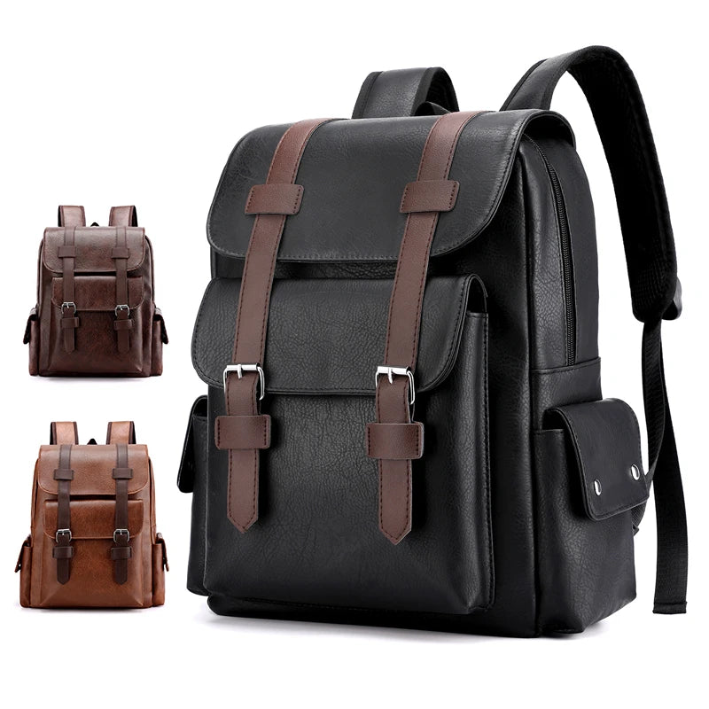 Mochila de piel sintética para hombre, mochila grande para portátil, mochila negra para adolescentes y niños, mochila marrón, 2023