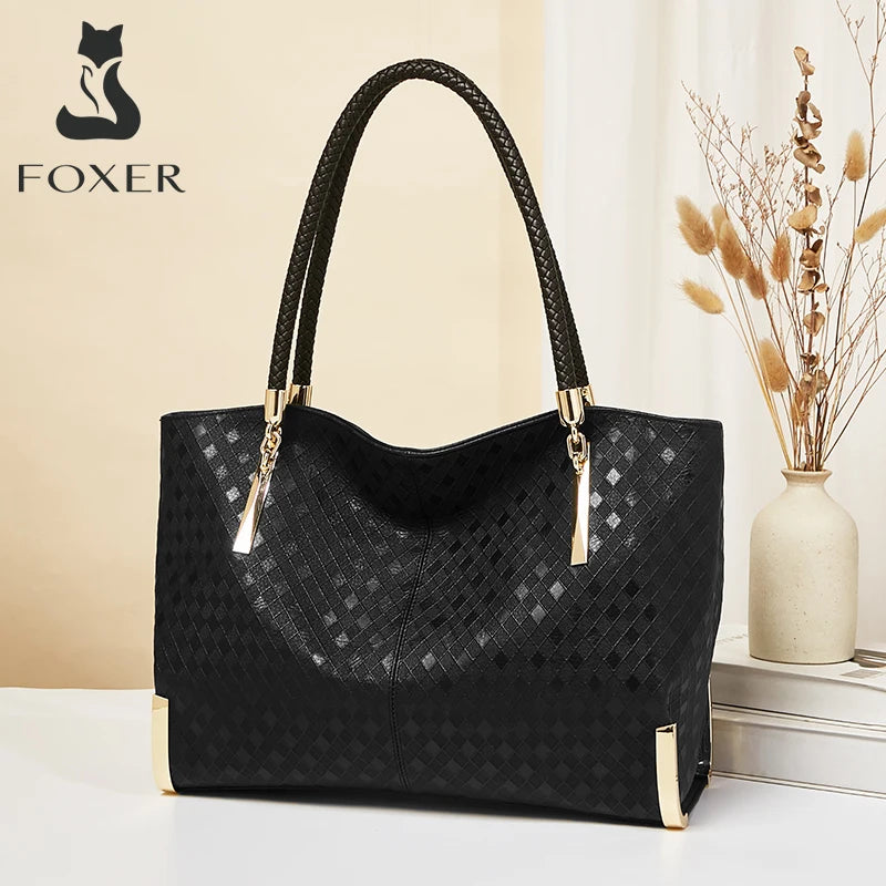 FOXER Genuine Leather Lady's Handbag Elegant Luxury Design Women Shoulder Bag Large Capacity Tote Bag Best Gift for Mom, Wife