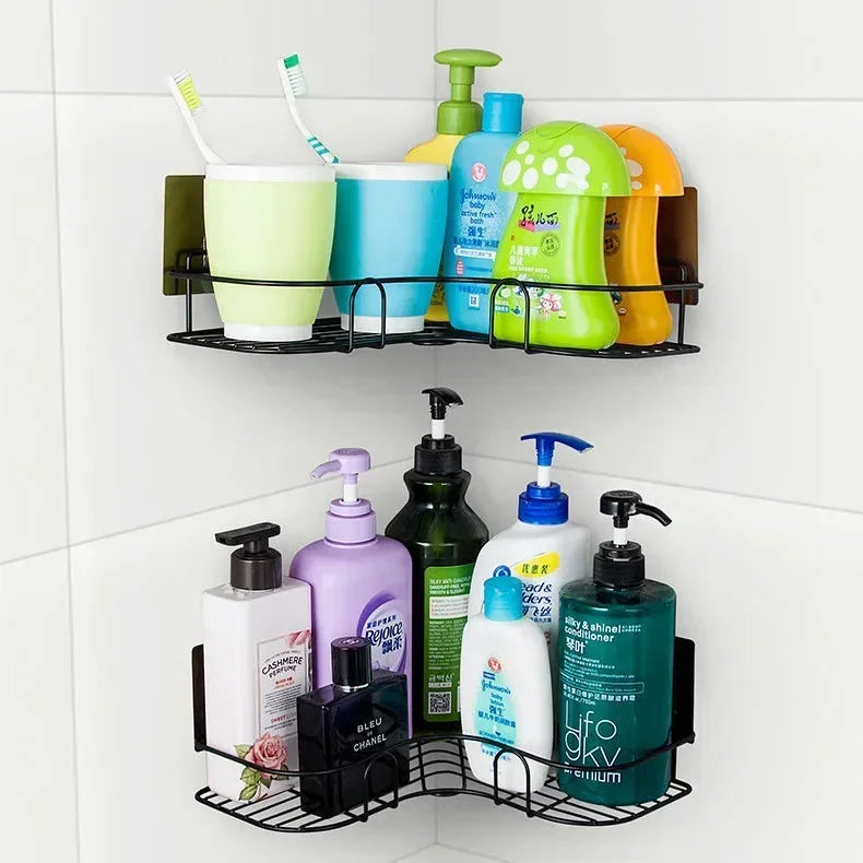 Estante organizador de baño de esquina, estantes de almacenamiento de esquina montados en la pared, soporte para champú, estante para cosméticos, cesta de drenaje de ducha de hierro