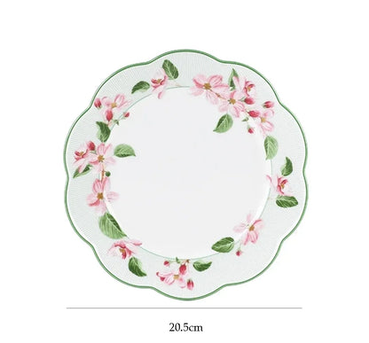Ceramic Plate Household Bone China Dinner Plate Set Vintage Green Flower Dishes Tableware Oval Large Tray Dinnerware Sets