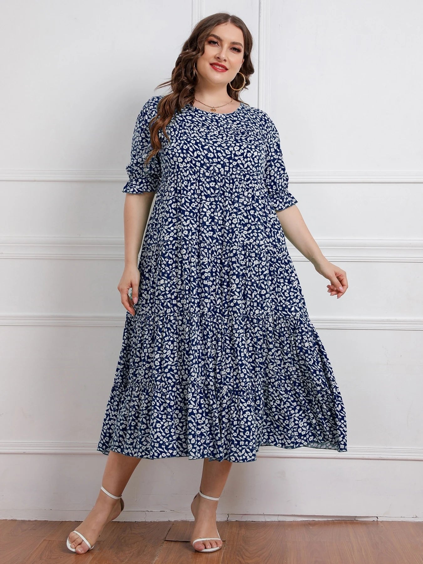 Plus size nova chegada o pescoço manga curta floral impressão verão boêmio vestidos de praia casuais para mulheres tamanho grande
