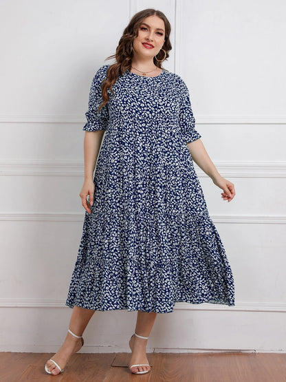 Plus size nova chegada o pescoço manga curta floral impressão verão boêmio vestidos de praia casuais para mulheres tamanho grande
