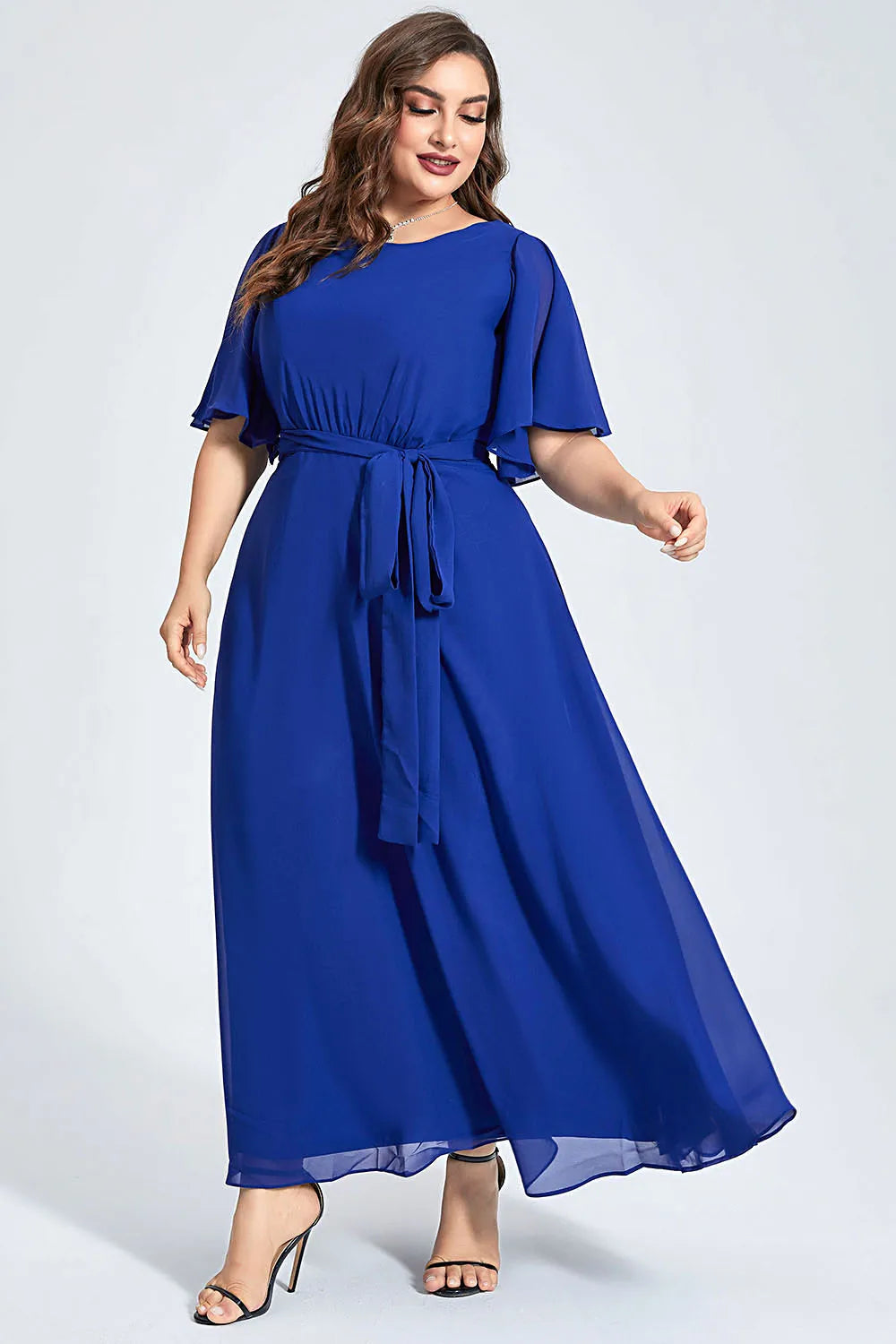 Flycurvy Plus Size Formal Royal Blue Chiffon Ruffle Sleeve Lace-Up Tunic Maxi Dress