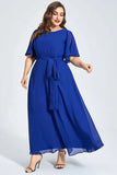 Flycurvy Plus Size Formal Royal Blue Chiffon Ruffle Sleeve Lace-Up Tunic Maxi Dress