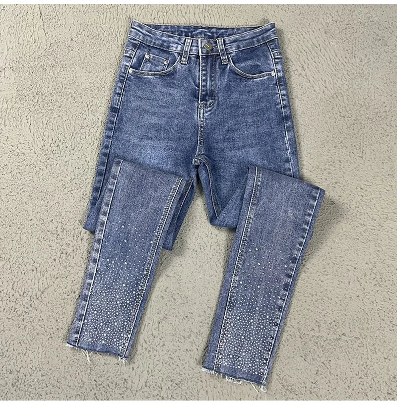 Spring Summer 2024 New Fashion Harem Denim Pants Female Rhinestones Korean Version High Waist Slim Elastic Jeans Pencil Pants