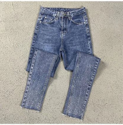 Spring Summer 2024 New Fashion Harem Denim Pants Female Rhinestones Korean Version High Waist Slim Elastic Jeans Pencil Pants