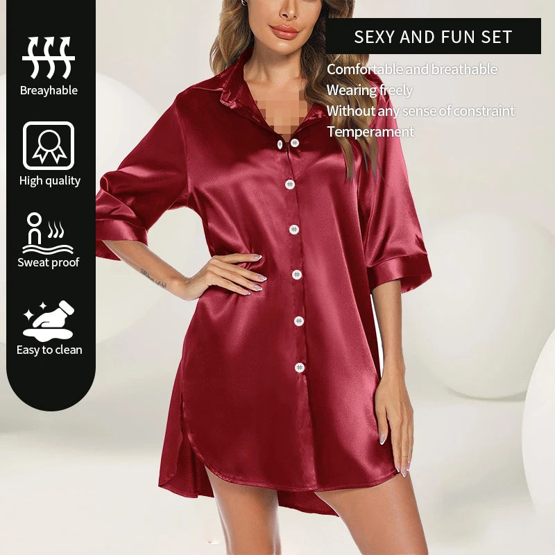 Women's Solid Color Half-Sleeve Single-Breasted Loose Nightshirt for Home Wear Sleepwear