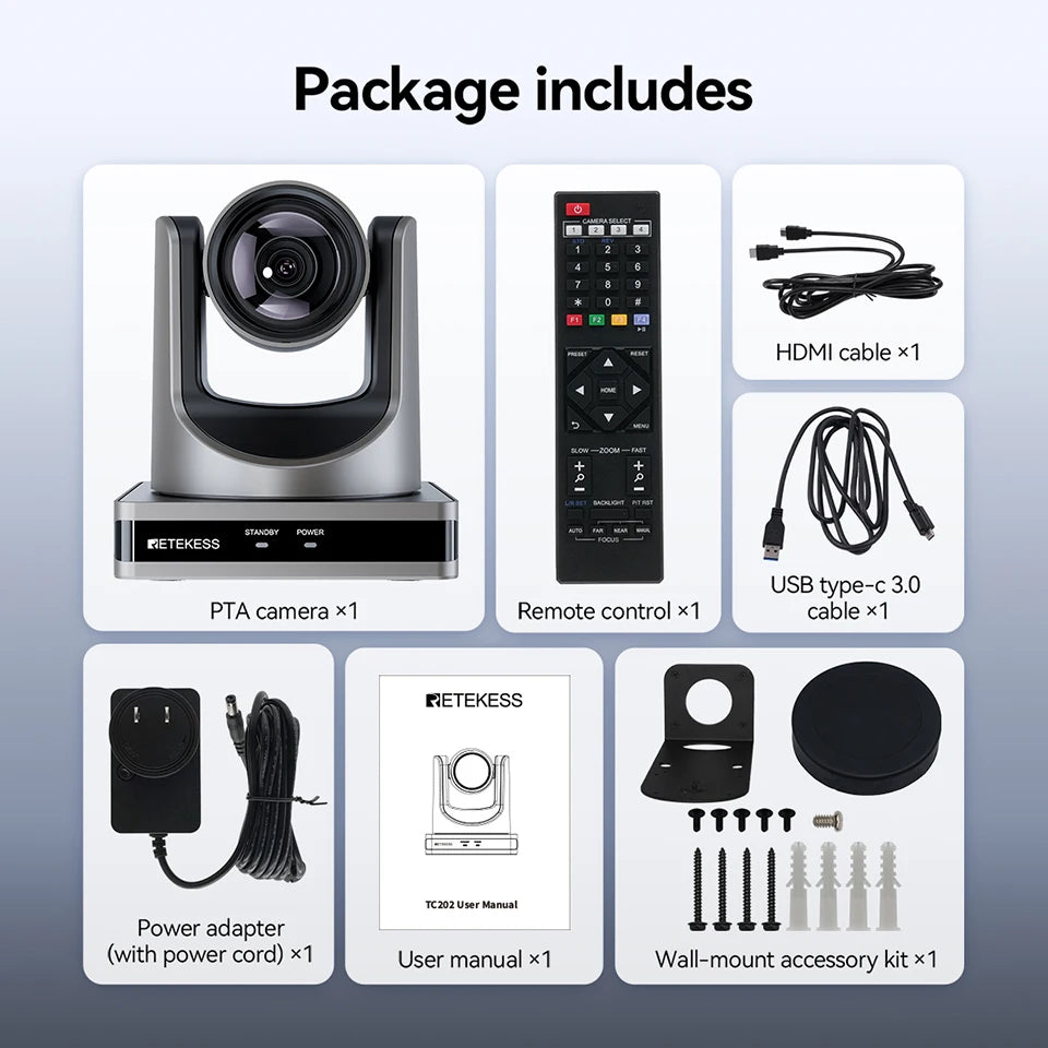 Retekess TC202 PTZ Conference Camera Double Zoom Lens USB3.0 HDMI 1080P/60FPS for Video Business Meeting Live Streaming Church