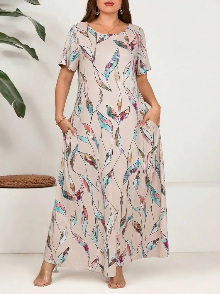 2024 primavera/verão nova moda feminina manga curta plus size impresso pena vestido tamanho grande