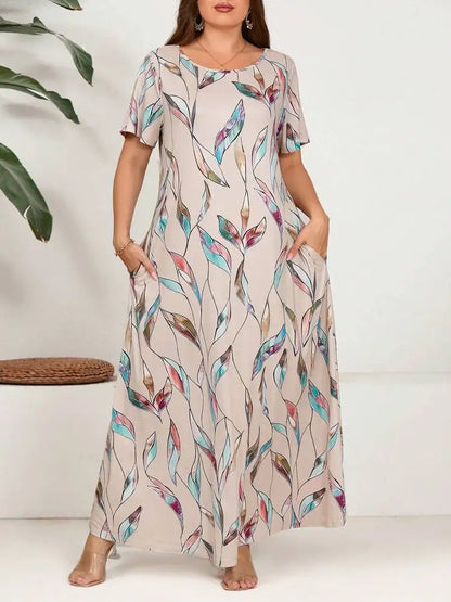 2024 primavera/verão nova moda feminina manga curta plus size impresso pena vestido tamanho grande