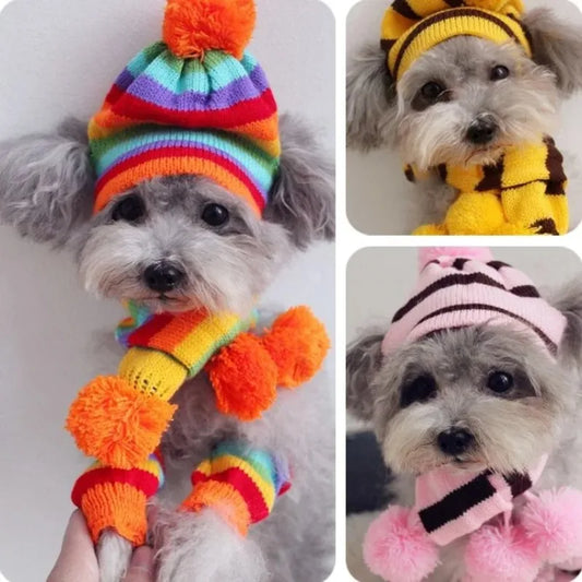 Dog Winter Wear 1 Set(hat+scarf+leg Warmers) Rainbow Stripe Knitted Dog Scarf Winter Warm Hat Footwear Sloves Pet Clothes