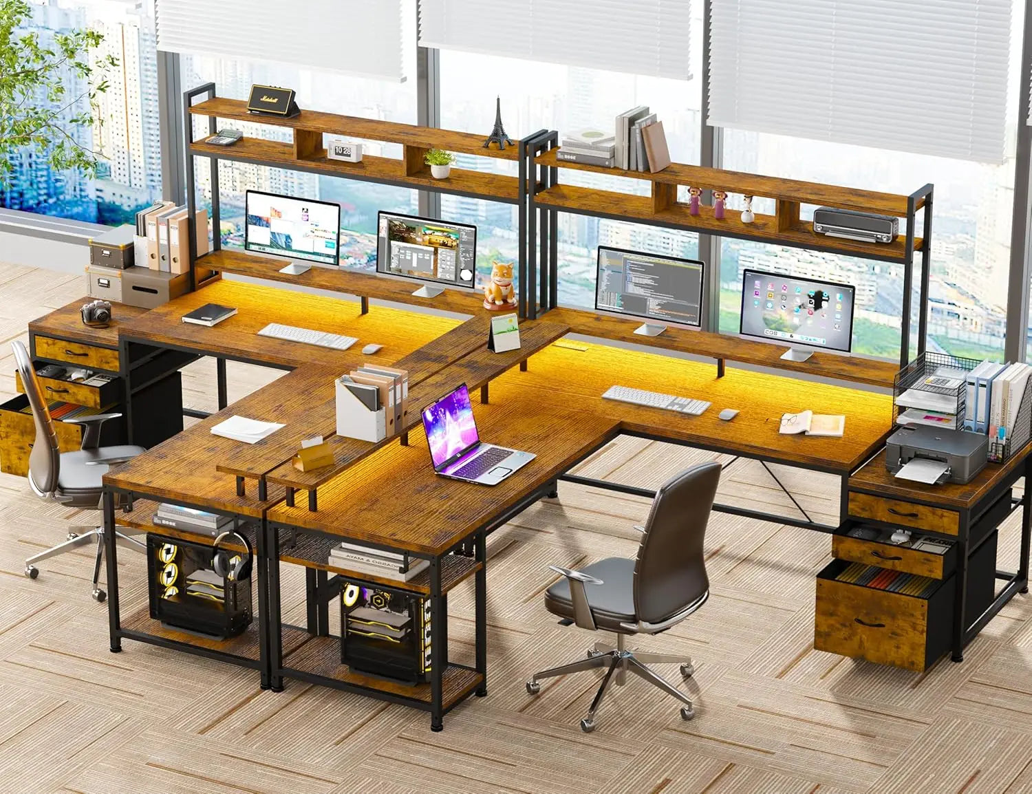 Escritorio para juegos en forma de L EnHomee con cajones, reversible, de 167 cm, para oficina en casa, con luz LED y tomas de corriente, color blanco.