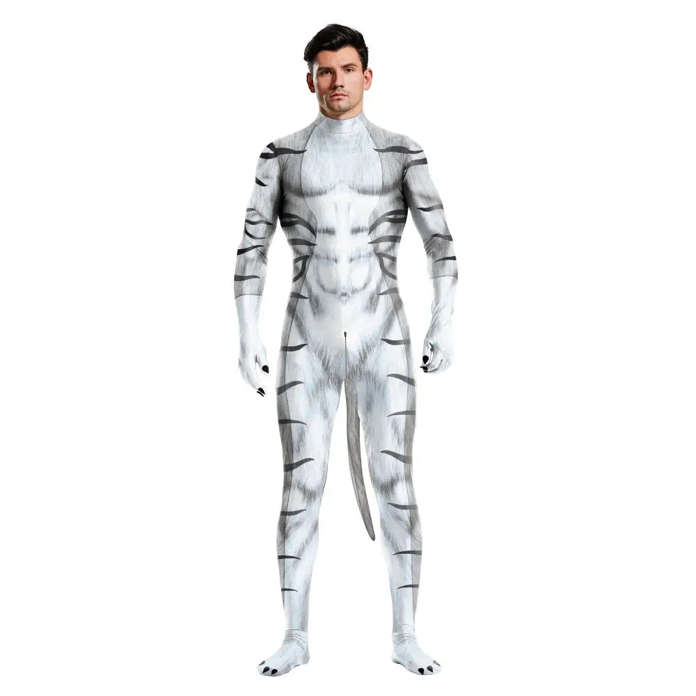 Zawaland Tiger Leopard Cheetah Petsuit for Men Animal Disguise Costume Crotch Zipper Zentai Halloween Carnival Full Bodysuits