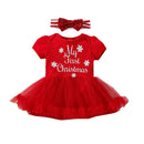 2Pcs Baby Christmas Outfit Snowflake Mesh Splicing Short Sleeve Romper Sequin Bow Headband Babby Xmas Bodysuits Clothes 