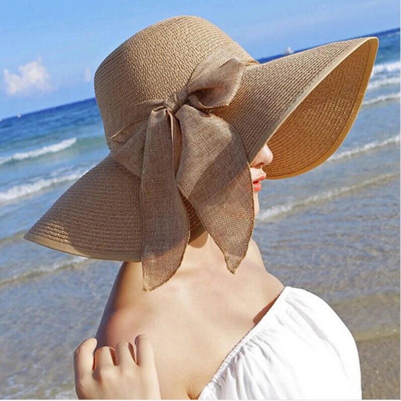 Summer Women's Straw Hat Bowknot Wide Brim Floppy Panama Hats Female Lady Outdoor Foldable Beach Sun Cap