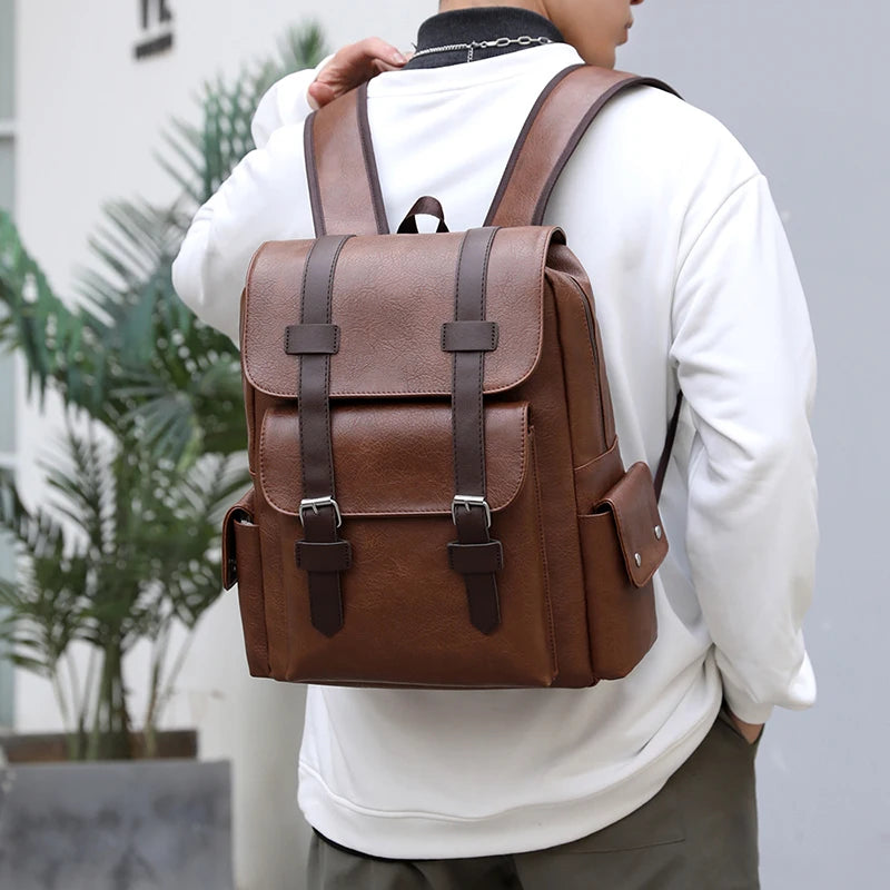 Mochila de piel sintética para hombre, mochila grande para portátil, mochila negra para adolescentes y niños, mochila marrón, 2023