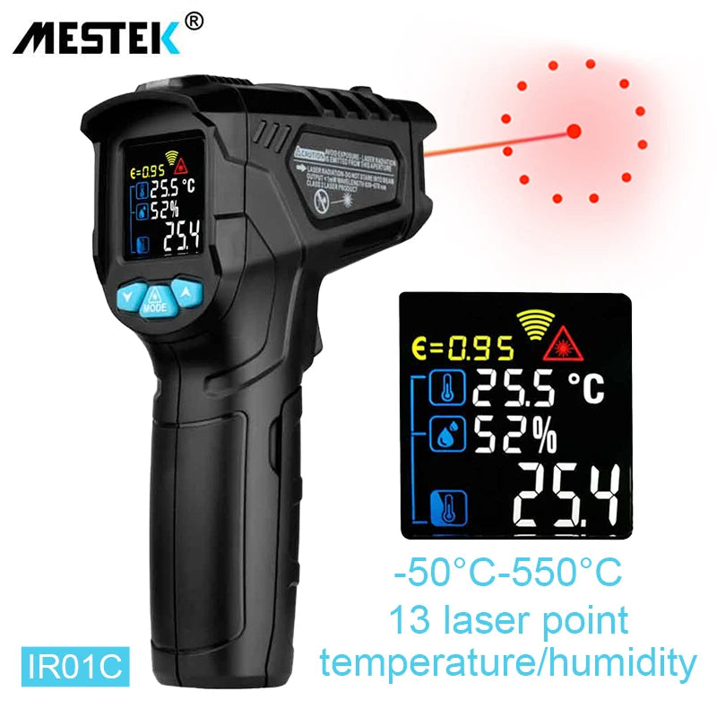 Termómetro infrarrojo digital Mestek de -50 a 800 grados, medidor de temperatura láser, pirómetro sin contacto, higrómetro, termómetro infrarrojo.